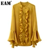 Secret code [EAM] Women Ruffles Spliced Blouse New Stand Collar Long Flare Sleeve Loose Fit Shirt Fashion Tide Spring Autumn 2020 1DD1222 1005001838430259