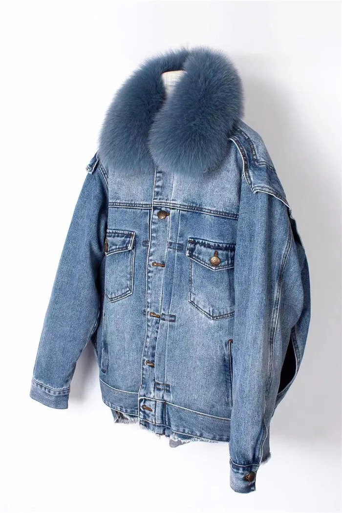 real fur coat Winter Jacket Women Coat Real fox Fur lined denim jacket Parka back letter print