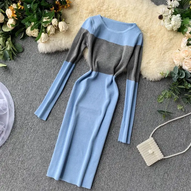 

Amolapha Women Autumn Winter Hit Color Pachwork Knit Bottom Dress Woman O Neck Striped Patchwork Knitting Sweater Dress