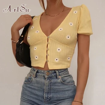 

ArtSu Yellow V Neck Short Sleeve Crop Top T Shirt Ladies Embroidery Floral Elegant T-shirt Women Summer Casual Buttons ASTS52144
