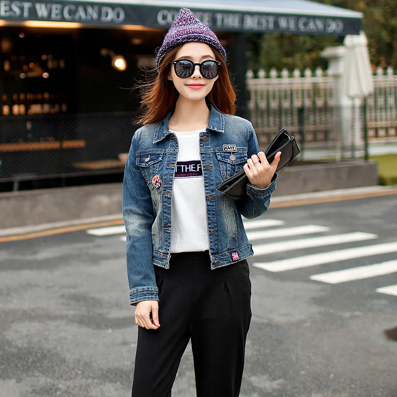 

Spring Korean-style Slim Fit LADY'S Denim Jacket Women's Faded Bomber Jacket Applique Denim Top