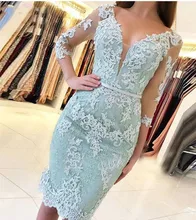 

Sexy Sheer Lace Short Cocktail Dress with 3/4 Sleeve Sheath Slim V Neck Knee Length Mini Women Prom Party Vestidos Gowns