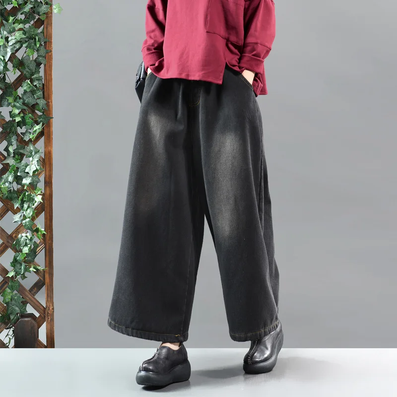 Зимние джинсы больших размеров Свободные флисовые Для женщин ретро джинсовые штаны Werainyee Новинка, эластичная резинка на талии; со шнурком Повседневное брюки, подходящие для любого размера