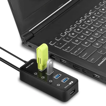 

High Speed USB 3.0 HUB 5Gbps 4 Ports 2.4A/1A 1 USB Smart Charging Port Adapter with Individual On/Off Port Switch Black