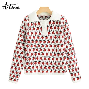 

Artsnie Winter 2018 Heart Knitted Pullovers Women Turn Down Collar Button Knitting Girls Sweaters Autumn 2018 Pull Femme Jumper