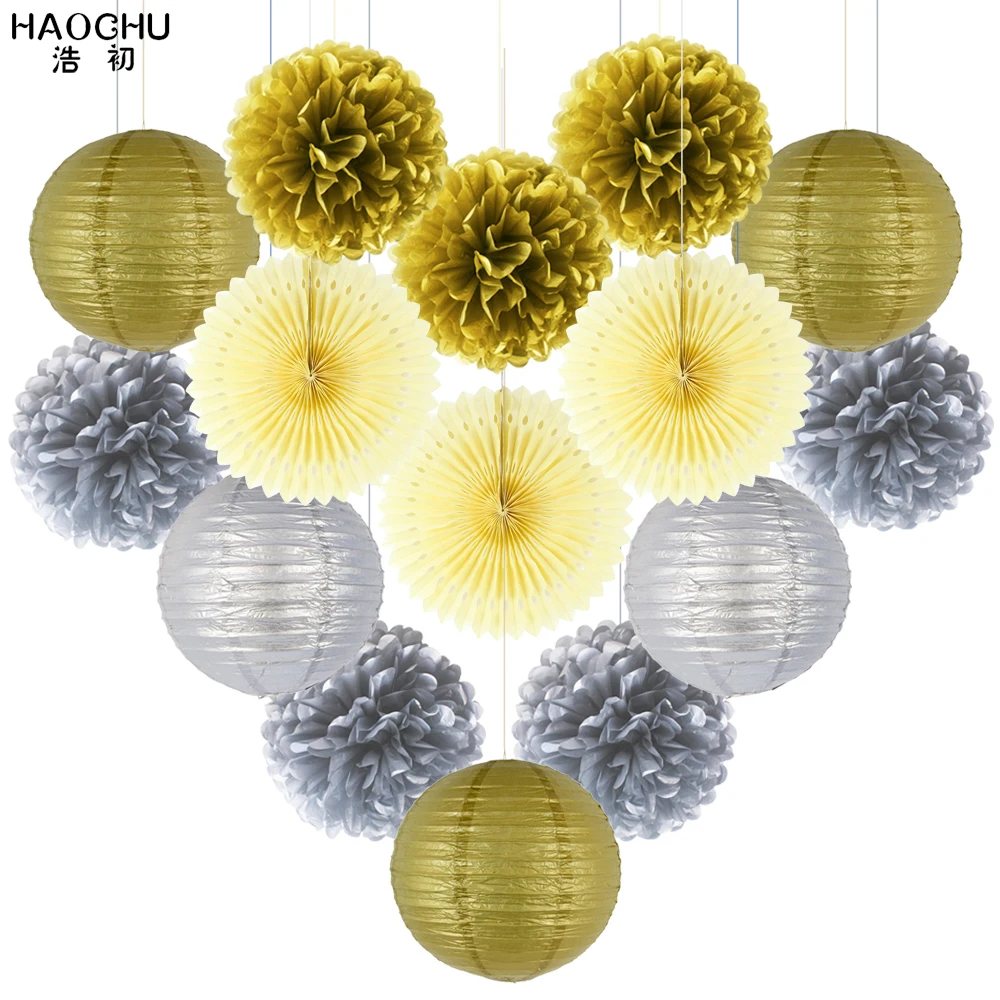 

15pcs/set Tissue Paper Lantern/Pom Poms Flower/Rosette Fan Wedding Decoration Hanging Mixed Set Baby Shower Birthday Party Decor