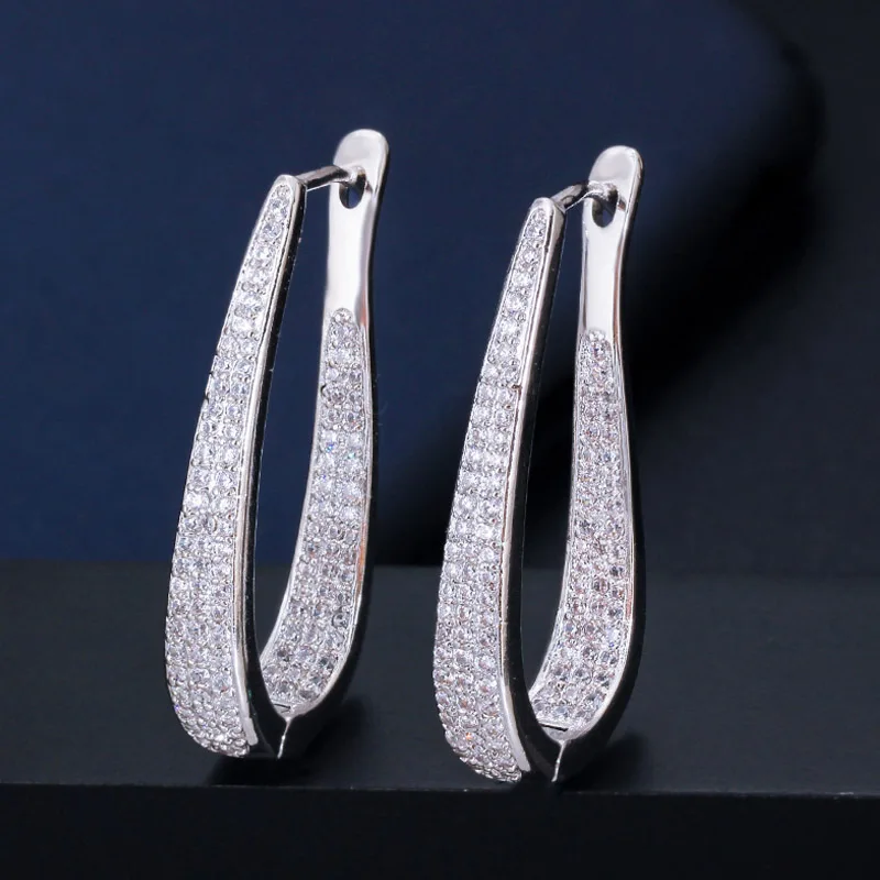BeaQueen Luxury Shiny Cubic Zircon Crystal Paved Setting Long Dubai Gold Hoop Earrings Fashion Jewelry for Women Party Gift E314