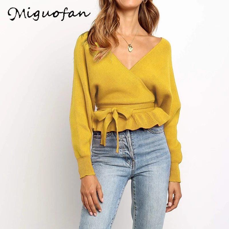 

Miguofan New Woman Fashion V-Neck Full Sleeve Solid Sweater Pullover Spring Autumn Winter Batwing Sleeve Sashes Casual Sweater