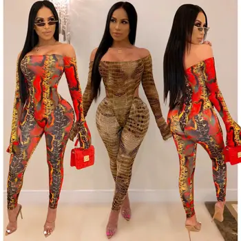 

New 2Pcs Womens Lady Sexy Long Sleeve Off Shoulder Skinny Long Length Printed Bodysuit Tops Pants Sets Jumpsuit