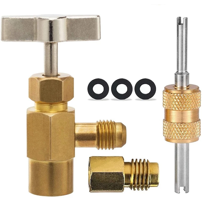 

R134A Self-Sealing Canned Faucet Refrigerated Dispenser Tool, Tank Adapter with 1/4 and 1/2 Inch AC Freon Charging Hose
