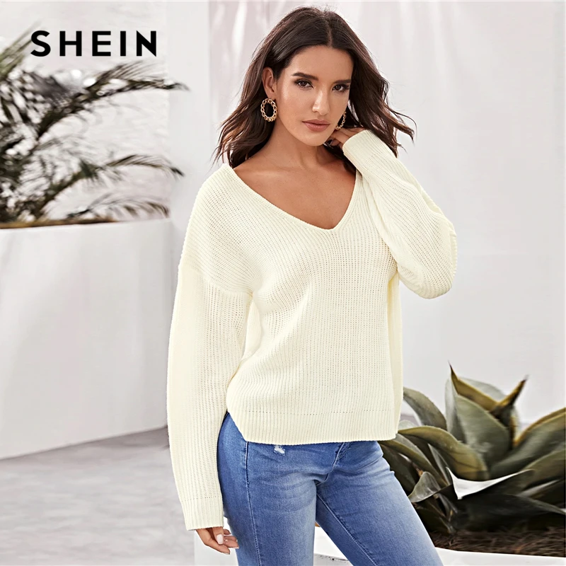 SHEIN бежевый Однотонный свитер на завязке с открытой спиной для женщин Осень Зима V образным вырезом с длинным рукавом Highstreet сексуальные свитера