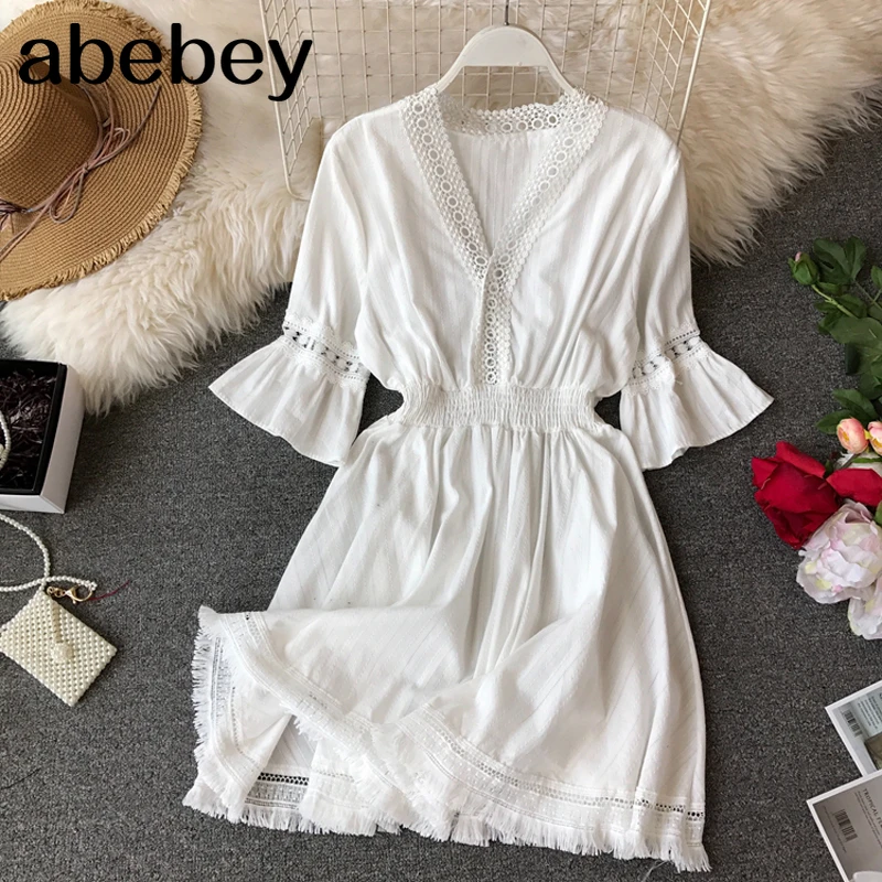 Bohemian Dresses Hippie Boho White Dress Women Deep V Neck Dress 2022
