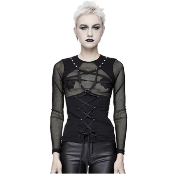 

Devil Fashion Women's Gothic T-shirts Personality Sexy Mesh Splice Slim Fit Daily Casual Long Sleeve Tees