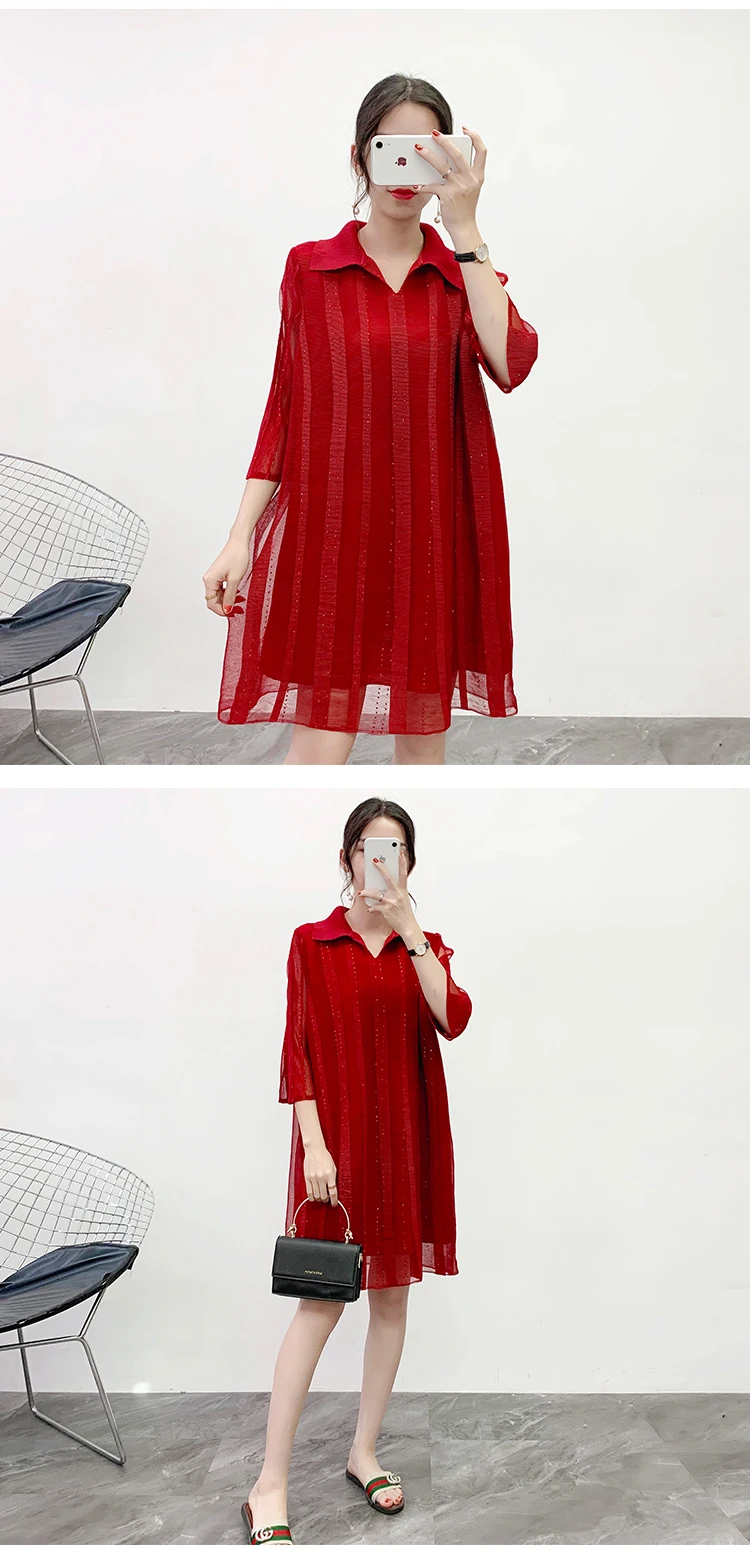 Miyake плиссированные платья с бриллиантами, однотонные Свободные мини-платья выше колена с отложным воротником, сетчатые лоскутные платья размера плюс