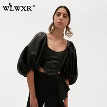 WLWXR, повседневный сексуальный укороченный топ из искусственной кожи, женский черный облегающий топ с пышными рукавами, Клубные вечерние короткие футболки, женские модные топы-бюстье