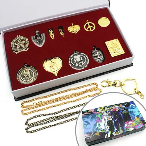 

12 pcs/lot Anime Jojos Bizarre Adventure Jojo Metal Necklace+keychain+box Key Ring Costume Accessories Pendants Decor Gift