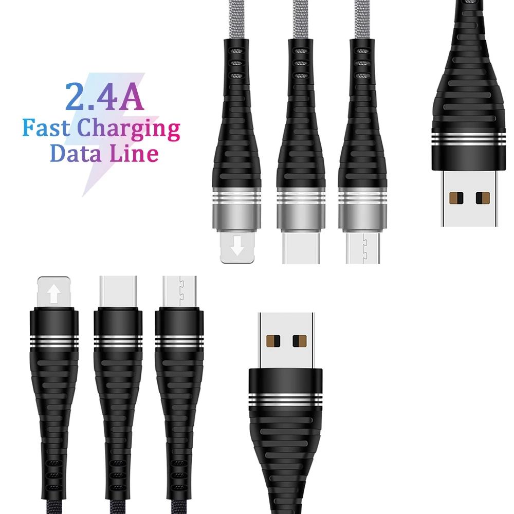3 в 1 Micro+ type-c USB кабель для зарядки данных для Android для iPhone 1,2 м 2.4A многофункциональный три в одном кабель передачи данных для быстрой зарядки
