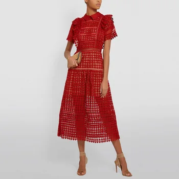 

HAMALIEL Fashion Self-Portrait Red Lace Party Dress 2020 Runway Summer Women Ruffles Hook Floral Sexy Slim Hollow Out Long Dress