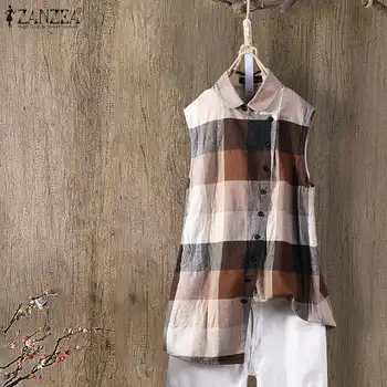 

ZANZEA Summer Plaid Checked Tanks Tops Women Laple Neck Sleeveless Blouse Vintage Shirt Buttons Down Casual Vest Blusas Work Top