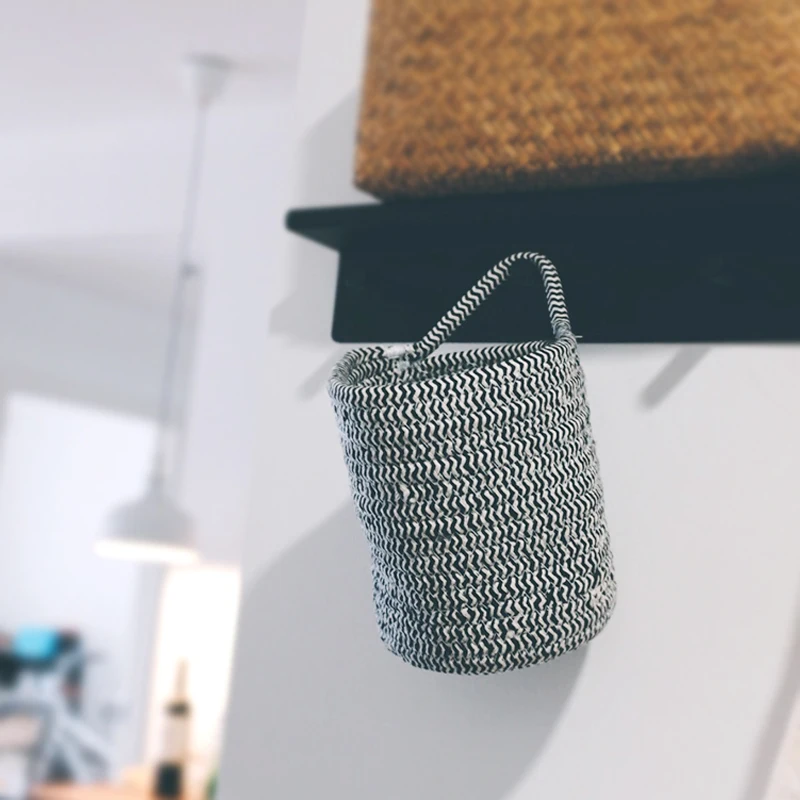 

Nordic Storage Basket Black White Cotton Braided Organizer Key Phone Small Stuff Organization Hanging Bag Room Desk Table Decor