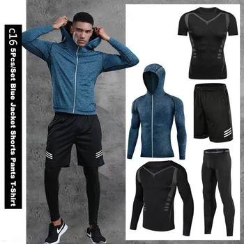 

5 Pcs/Set Men's Tracksuit Gym Fitness T-shirt Jacket Sports Suit Running Sportwear Leggings Exercise Workout Tights Clothes