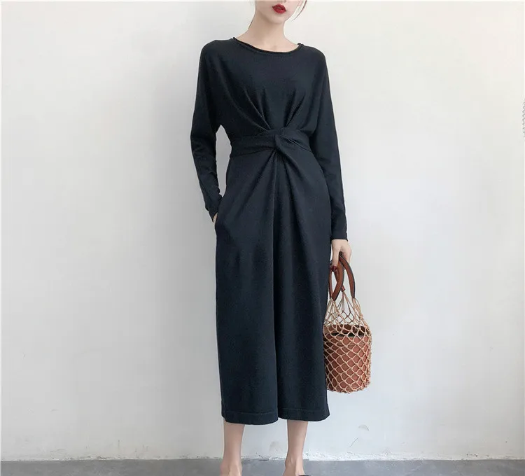 Осеннее модное тонкое платье, женское элегантное офисное платье с длинным рукавом и круглым вырезом, черное тонкое трикотажное платье для женщин