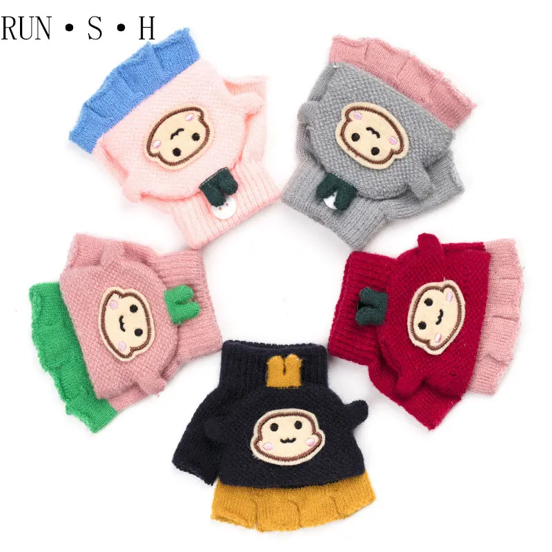 Lovely Cartoon Child Keep Warm Gloves 6-12 Years Old Primary School Student Winter Knitting Material Flip Cover Write Mitten