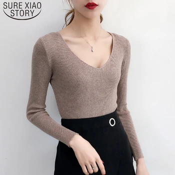 

Winter Clothes Women Solid Slim Fashion V-neck Knitted Sweater Femme Elasticity Pullovers Sweater Basic Women Sweaters 5045 50