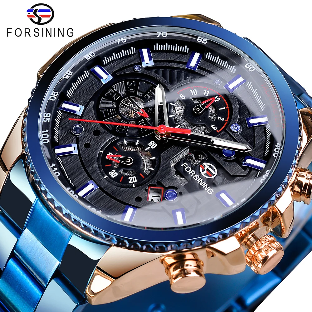Forsining Men Blue Mechanical Wrist Watches Automatic Multifunction Date Military Sport Stainless Steel Strap Male Clock Relogio