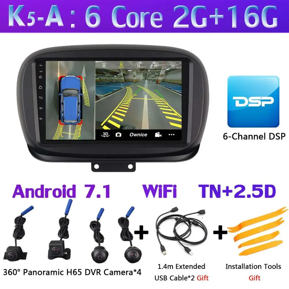 360 ° панорамный 8 ядерный 4G+ 64G Android 9,0 Автомагнитола для FIAT 500X gps навигация SPDIF DSP CarPlay - Цвет: K5-A