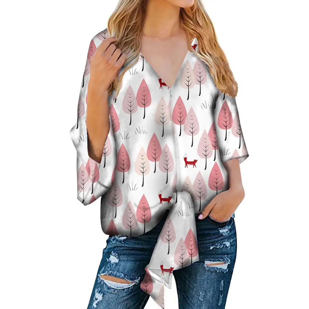 

Christmas style Print Women Blouse Fashion Summer Beach Chiffon Top Ladies Customized Chiffon Blouse