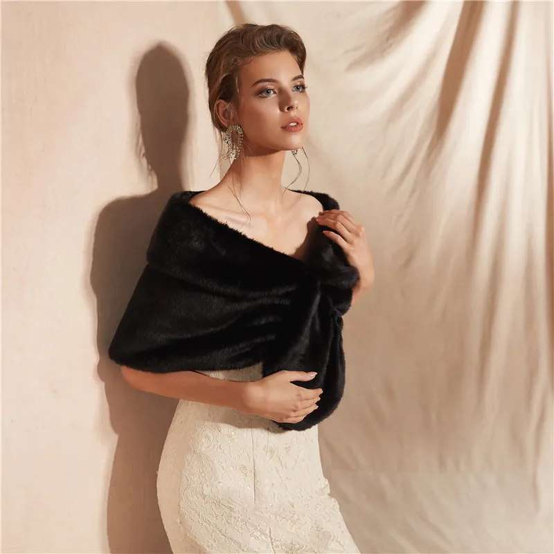 Winter Women Bolero Mujer Fiesta Black Evening Jacket Wrap Faux Fur Wedding Cape Wrap Winter Shawl High Quality
