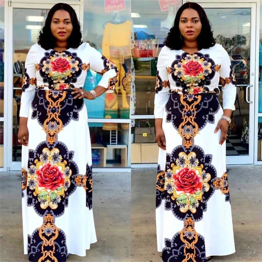 

BAIBAZIN African Dresses For Women Digital Print Rose Flower Waist Waist Sleeve Long Skirt