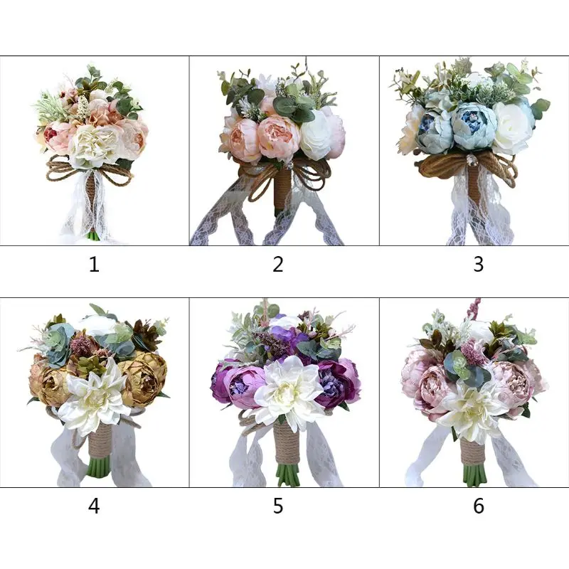 

Vintage Rustic Style Handmade Wedding Bouquet Artificial Peony Rose Romantic Bride Bridesmaid Holding Flower Party Church Decor