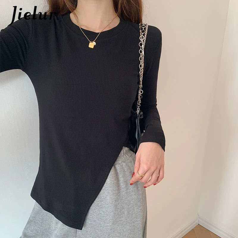 Jielur Irregular Split Hem Women's T-shirt Autumn Spring New Gray Black T shirts Long Sleeve Fashion Slim Basic Tops Female S-XL | Женская