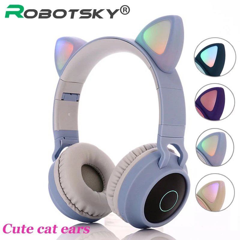 Cute LED Cat Ear Bluetooth Wireless Headphones Kids Bluetooth 5 0 Earbuds Noise Cancelling Earphone Foldable Headset With Mic