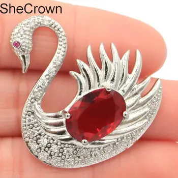 

36x30mm Classic Swan Shape Red Blood Ruby Tourmaline CZ Ladies Present Silver Brooch