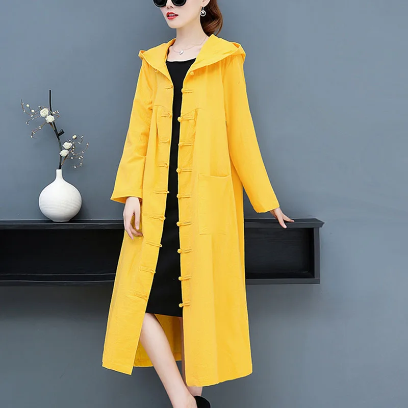 

female trench coat Spring and Autumn New Hooded Cardigan Solid color Long sleeve Long women's windbreaker Single-breasted A060