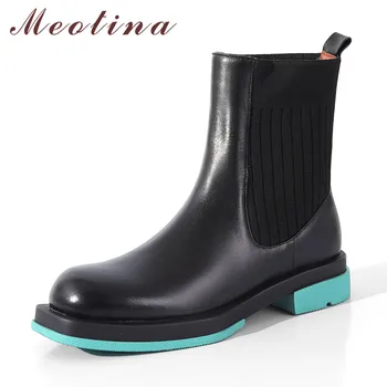 

Meotina Women Short Boots Shoes Real Leather Platform Mid Heel Chelsea Boots Slip-On Thick Heels Ankle Boots Autumn Black Green