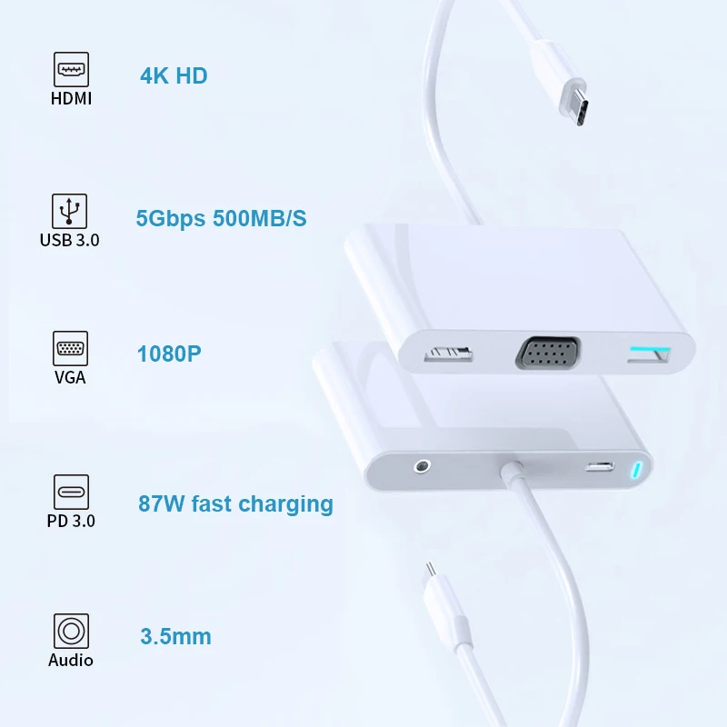 USB C адаптер 5 в 1 Thunderbolt 3 Type концентратор для HDMI VGA мм с источник питания MacBook