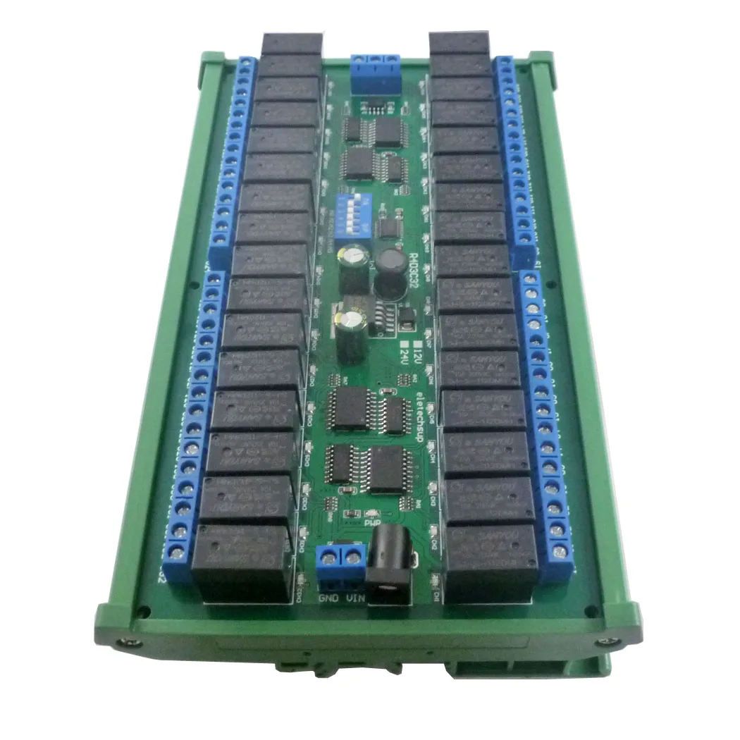 Din 35 Rail Board para Plc Led Home Automation Door Lock Modbus Rtu Módulo de Relé Bus Rs485 Uart Porta Serial dc 12v 24v 32 Canais