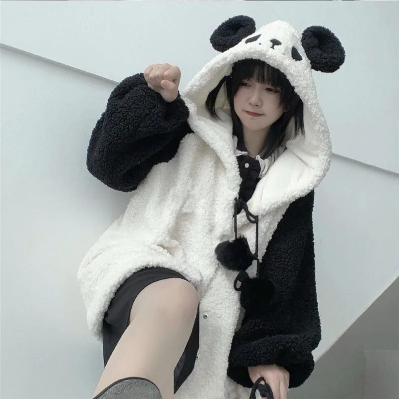 

Cute Sweet Cartoon Panda Design Women's Imitation Lamb Coat Loose Large Size Lolita Kawaii Hoodie Preppy Style Girlish Tops