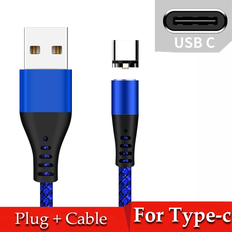 Магнитный Micro usb type C кабель для быстрой зарядки 3 в 1 Круглый Магнитный нейлоновый кабель для быстрой зарядки для iPhone XR 7 8 для huawei Xiaomi - Цвет: Blue for Type-c