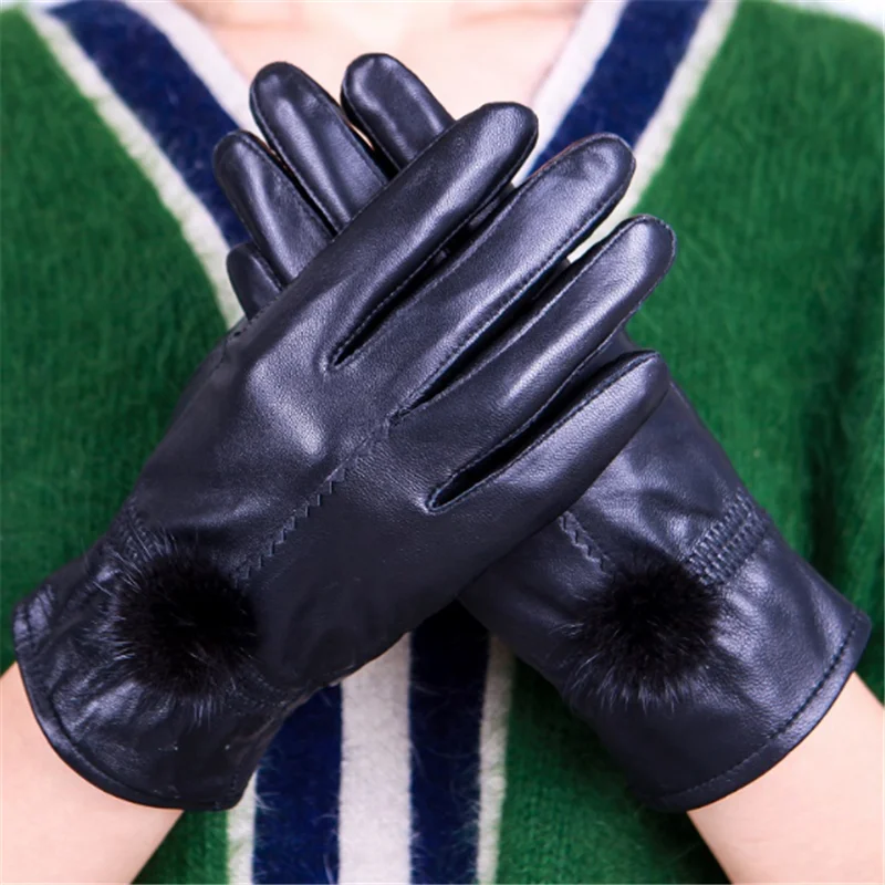 Черные женские зимние перчатки из натуральной кожи, однотонные готические модные бархатные теплые перчатки с кроличьим мехом, Рождественский подарок из Китая