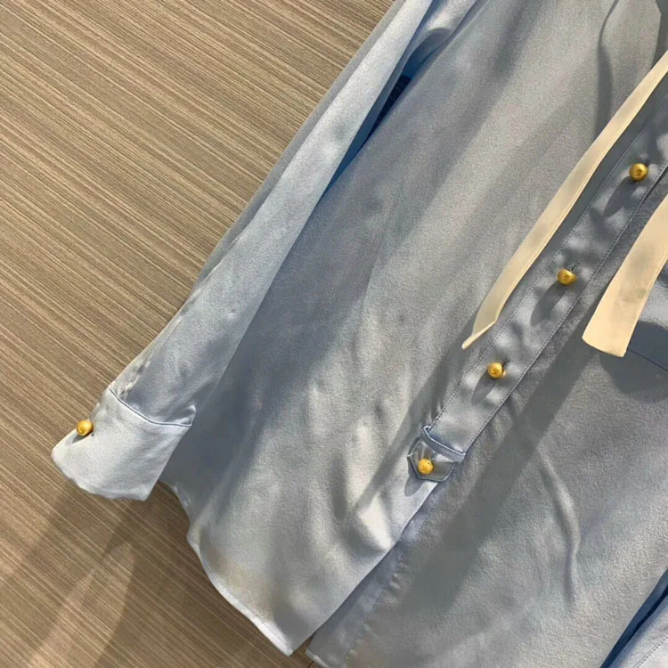 Early Autumn New Fashion Sweet Girly Style Tie- Bow Silk Shirt Women Two Color Blue White Free Shipping