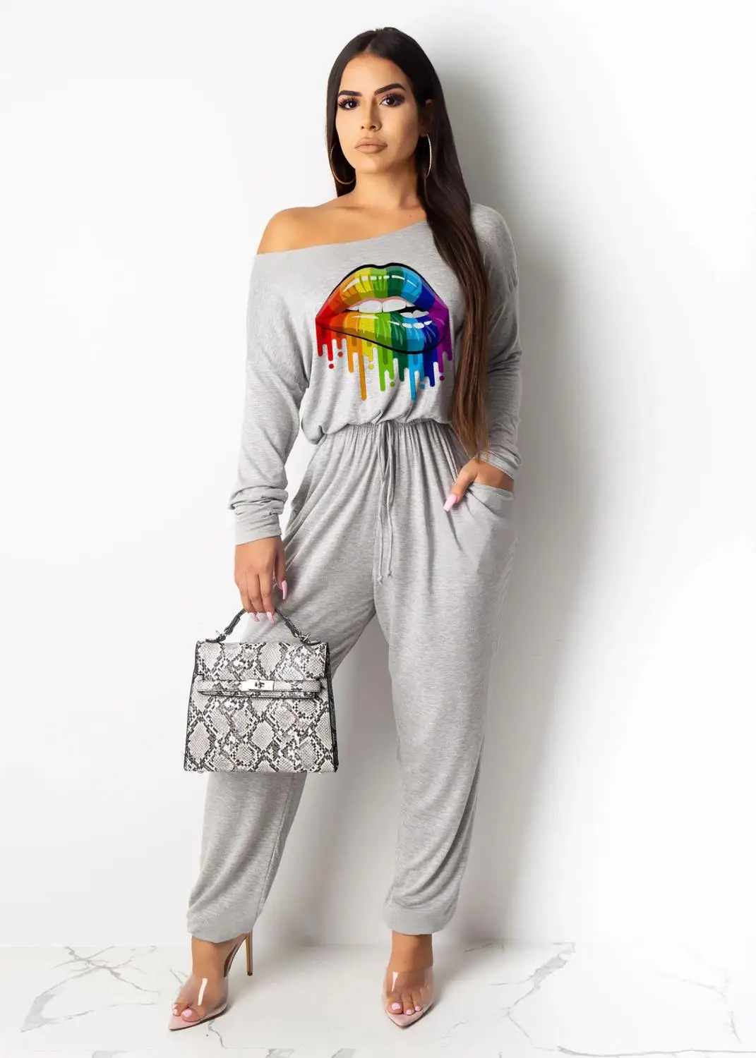 Printed Full Sleeve O-Neck Pullover Jumpsuits Autumn Streetwear Women Lace Up Pockets Straight Ankle-Length Rompers NSMD252 | Женская