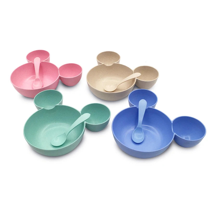 Bowl+Spoon Nature Material Baby Eating Food Tableware Toddle Cartoon Feeding Dishes Kids Plates Children Training Dinnerware Set