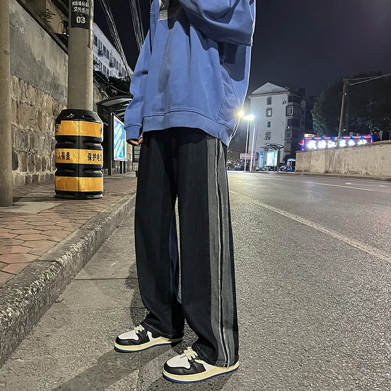 ICCLEK High Street Stitching Jeans Straight Wide-leg Jeans Autumn Men's Jeans Loose Casual Trousers Mens Jeans  Men Clothing