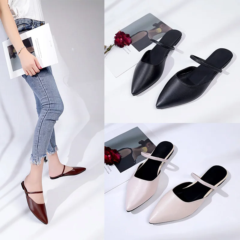

2019 Summer Women's Pointed-Toe WOMEN'S Shoes Versatile Semi-Sandals Flat Closed-toe A- line Buckle Solid Color WOMEN'S Shoes