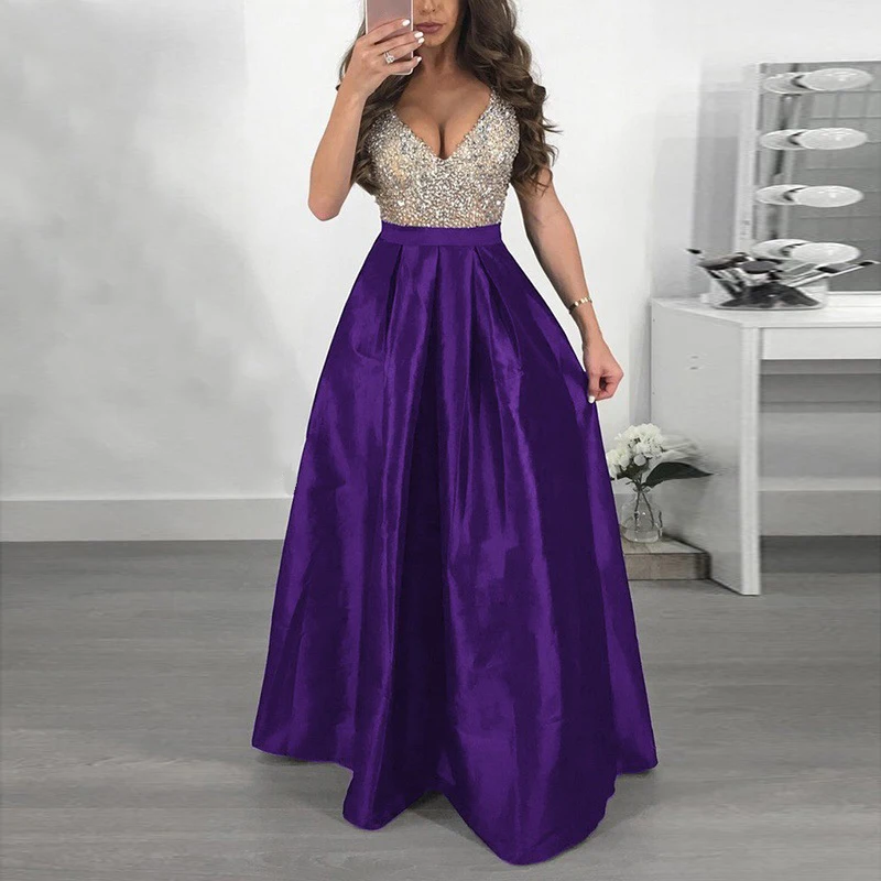 Long Dresses Summer Sexy Women Elegant Party Maxi Dress Sleeveless V Neck Sequin A Line Dress Vestidos Female